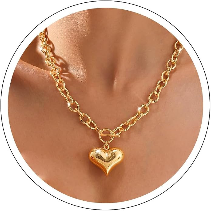 Gold Heart Necklace for Women, Chunky 14K Gold Plated Necklace | Amazon (US)