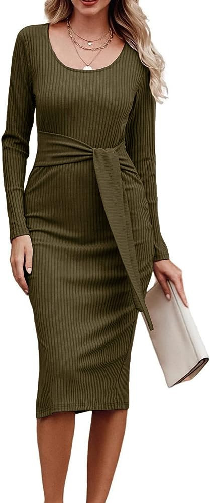 PRETTYGARDEN Women's Olive Green Long Sleeve Sweater Dress Dark Green Sweater Dress Outfit Amazon | Amazon (US)