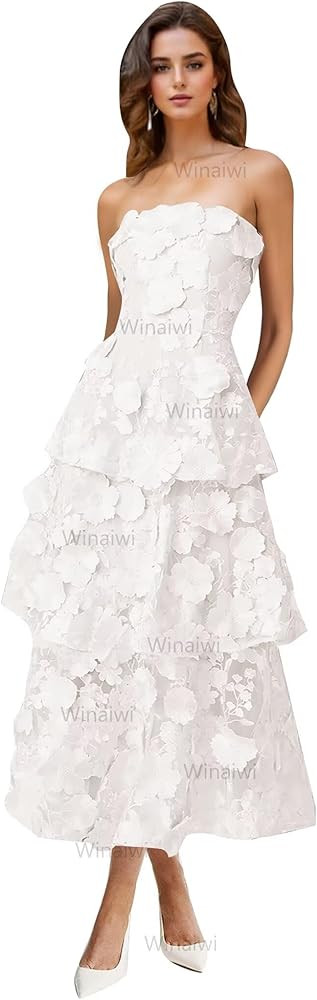 3D Floral Embroidery Prom Dresses Strapless Ruffle Tiered Midi Formal Dress Tea Length Wedding Gu... | Amazon (US)