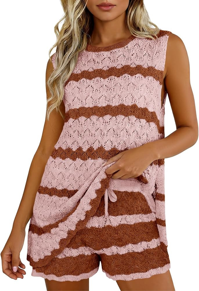 Fisoew Womens Crochet Swimsuit Coverup Sets Sleeveless Tank Tops Drawstring Shorts Sets Summer Be... | Amazon (US)