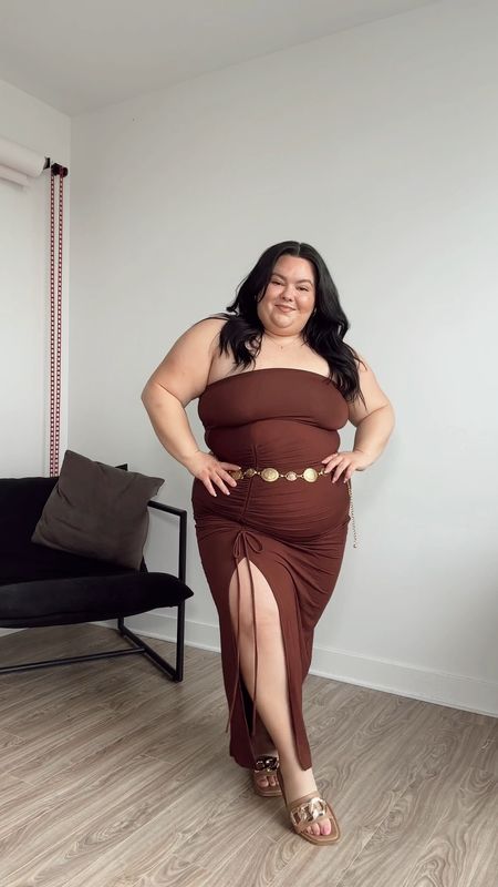 Plus size brown dress from What Lo Wants (can’t link here) 
Plus size floral robe from lane Bryant 
Gold chain belt plus size from Amazon 

#LTKFindsUnder50 #LTKPlusSize #LTKMidsize