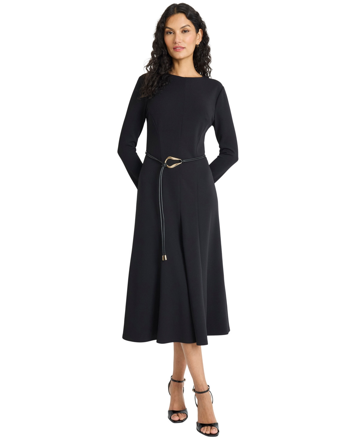 Maggy London Women's Tie Belt Long Sleeve Midi Dress - Black | Macy's