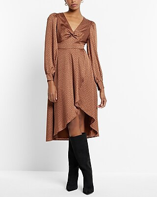 Satin Polka Dot Long Sleeve Twist Front Hi-Lo Midi Dress | Express