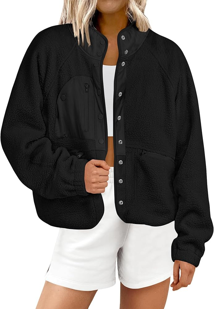 ANRABESS Womens Fuzzy Fleece Jacket Fall Casual Long Sleeve Cropped Sherpa Button Down Shacket Co... | Amazon (US)
