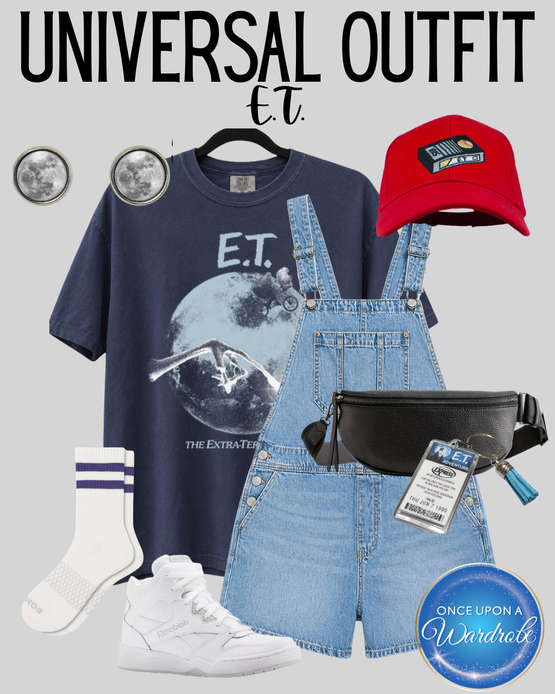 Universal Studios outfit idea inspired by E.T.! 🌕 This nostalgic park look is perfect for Universal Orlando with denim short overalls, a vintage-style E.T. tee, white sneakers, crew socks, a red hat, and a black belt bag for hands-free park days.  

 #LTKootd #LTKTravel