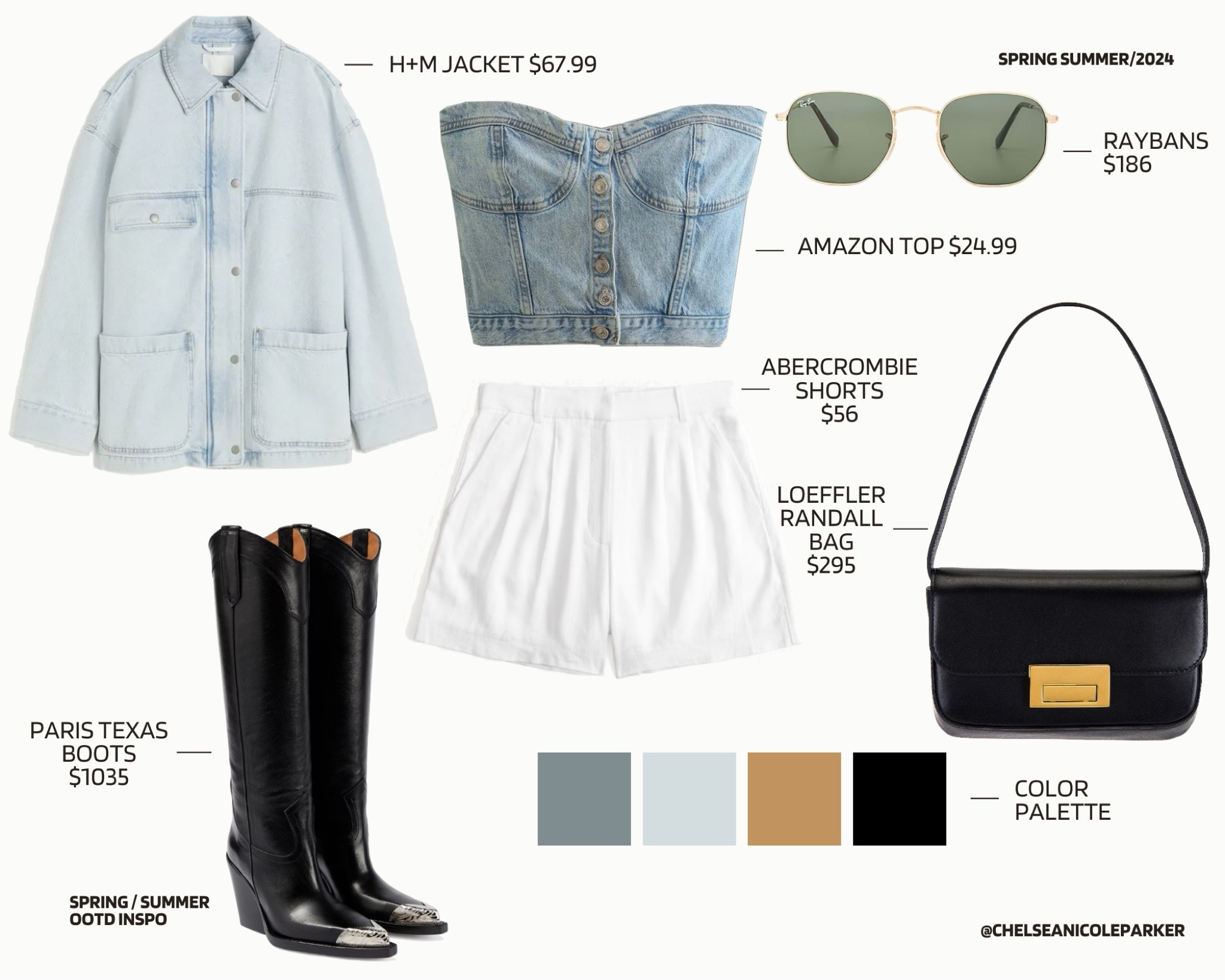 H&M Light Wash Denim Chore Jacket + Amazon Denim Tube Top Corset Under $25 + Abercrombie Tailored White Linen Shorts ON SALE + Ray Bans Hexagonal Sunglasses Under $200 + Loeffler Randall Handbag Baguette Black Bag + Paris Texas Embellished Leather Knee High Cowboy Boots - Spring Outfit / Concert Outfit / Music Festival / Date Night / Summer Elevated Casual

#LTKfindsunder50 #LTKfindsunder100 #LTKsalealert