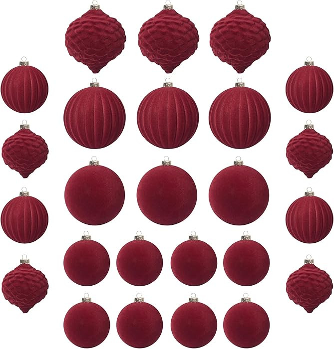 KI Store Velvet Christmas Baubles Red 25pcs Shatterproof Flocked Christmas Tree Ornaments 80mm 60... | Amazon (UK)