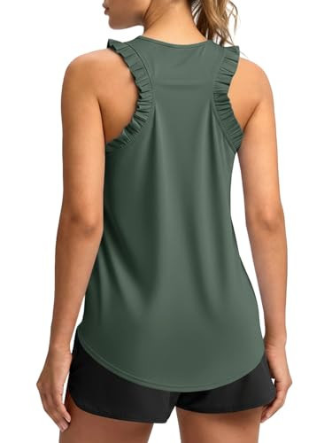 Fisoew Women Summer Workout Tank Tops Ruffle Sleeveless Racerback Crewneck Casual Loose Running Gym Athletic Tee Shirts Army Green | Amazon (US)