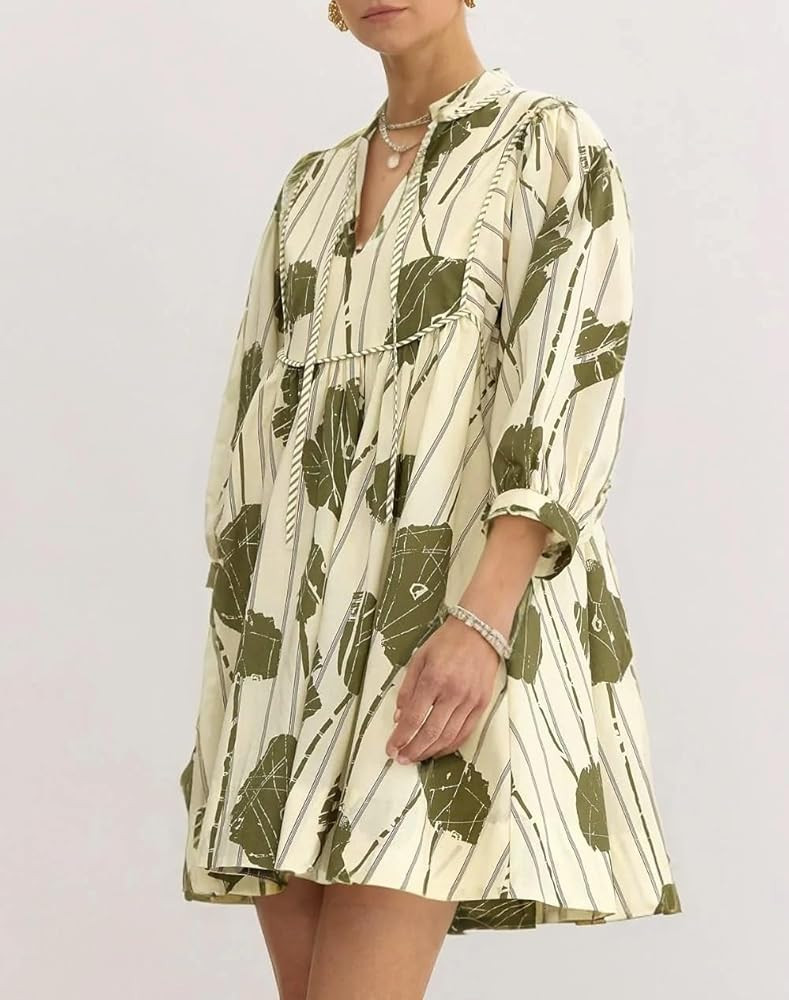 Women Floral Babydoll Mini Dress V Neck 3/4 Puff Sleeves A Line Flowy Swing Summer Sun Dresses | Amazon (US)