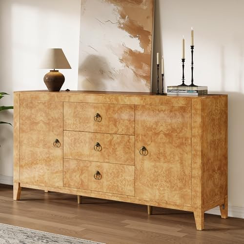 AMERLIFE 60" High Gloss Burl Buffet Sideboard Storage Cabinet, Large Wood Sideboard with Drawers,... | Amazon (US)