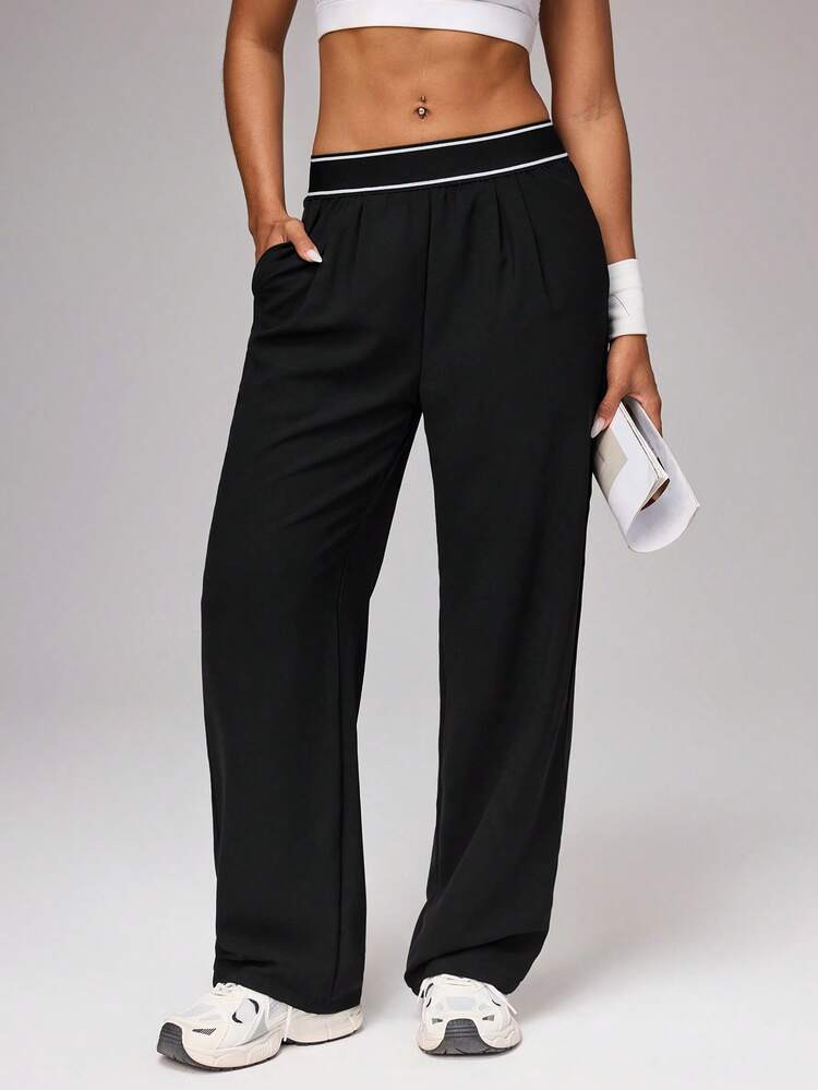 Easithlete Women's Black Active Pants Long Zippered Wide-Leg Design With Pockets For Comfortable Workouts Wide Leg Pants | SHEIN