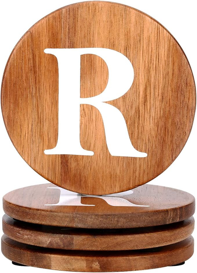 Wood Coasters Set, Natural Wooden Letters Coasters for Drinks, Set of 4 Wood Coasters, Wedding Co... | Amazon (US)