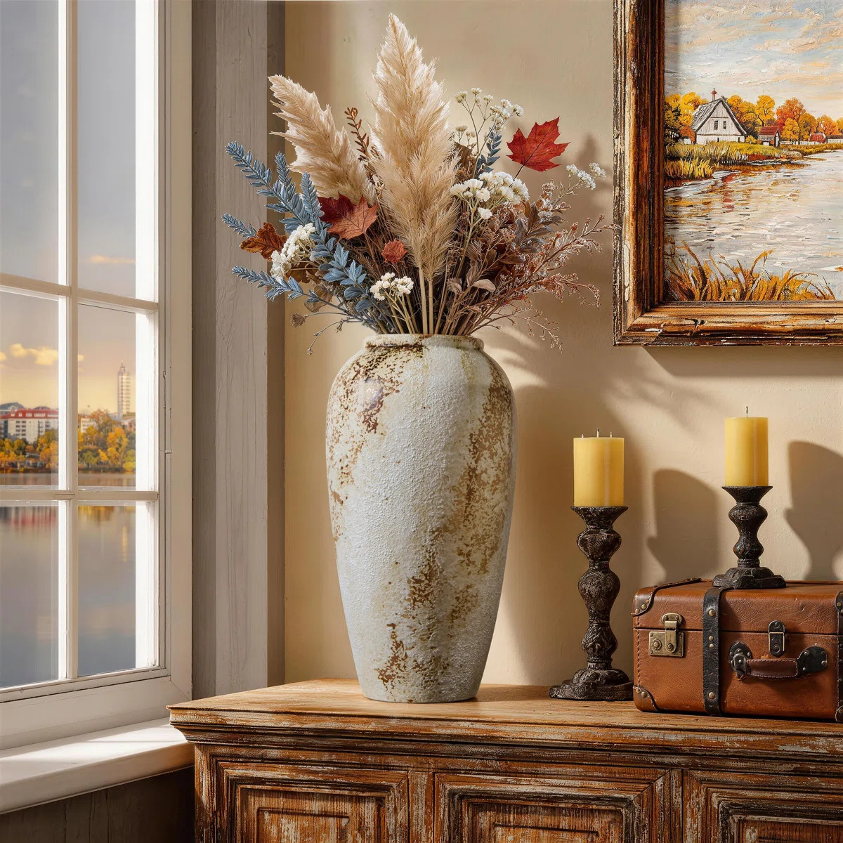 Handmade Ceramic Wide Textured Table Vase, Rustic Style Decorative Vase for Home, Office, Bedroom... | Wayfair North America
