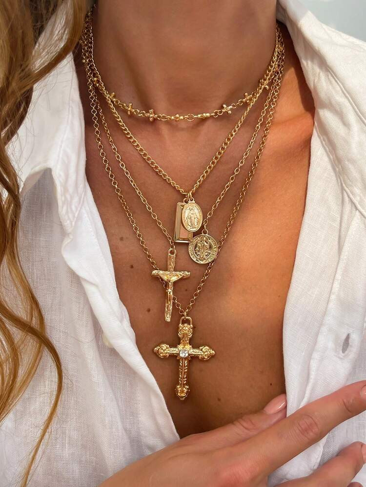 5pcs Vintage Metal Geometric Circle Badge Coin Pendant Multilayer Necklace, Women Punk Style Jesu... | SHEIN