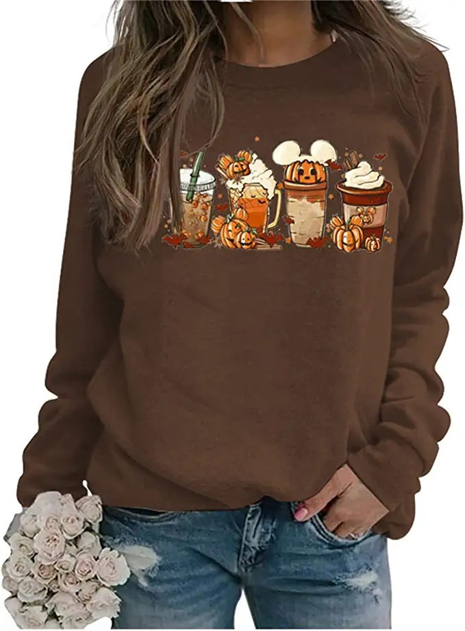 Halloween Fall Coffee Sweatshirt, Women's Funny Letter Printed 80s Graphic Sweatshirt Long Sleeve... | Amazon (US)