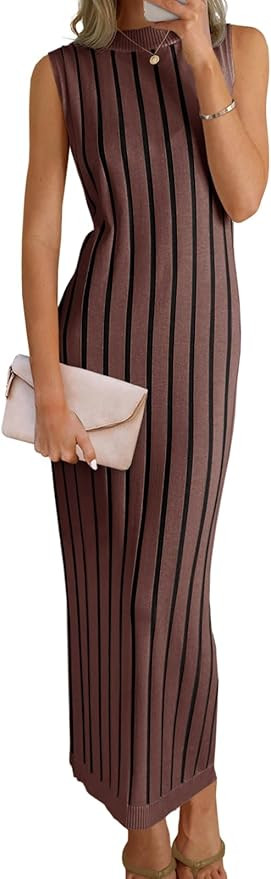 Wenrine Womens Sleeveless Sweater Dress Mock Neck Ribbed Knit Fall Tank Maxi Dresses | Amazon (US)