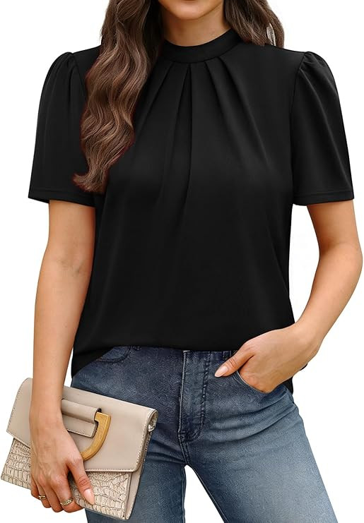 WIHOLL Womens Tops Short Puff Sleeve Shirts Mock Neck Pleated Spring Blouses Dressy Casual Busine... | Amazon (US)