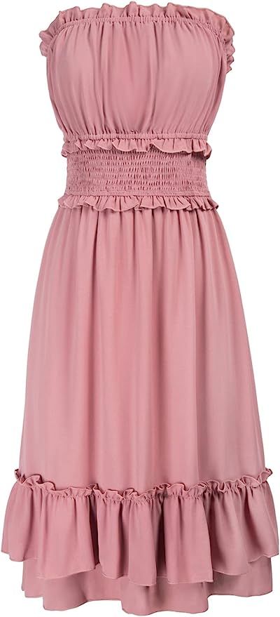 GRACE KARIN 2023 Women's Summer Strapless Dress Cute Smocked Ruffle Casual Beach Midi Dress(S-2XL... | Amazon (US)
