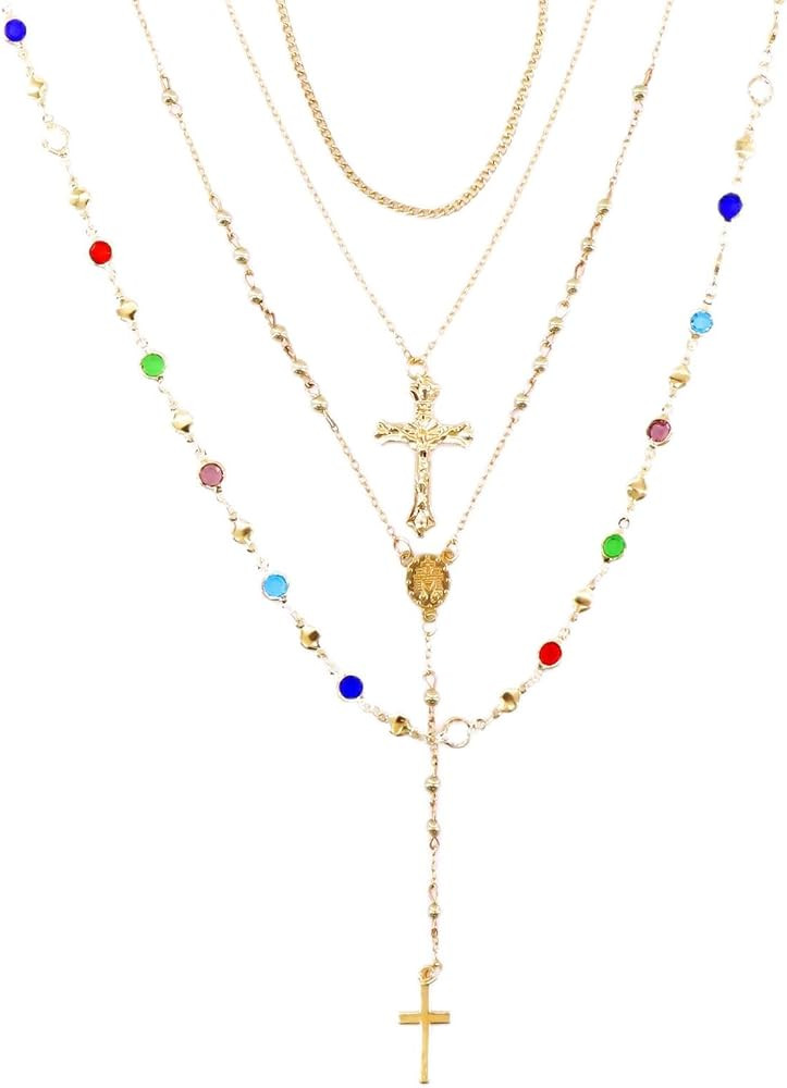 Gold Cross Layered Necklaces for Women,Colorful Crystal Drop Necklace,Gold Cross Pendant Necklace... | Amazon (US)
