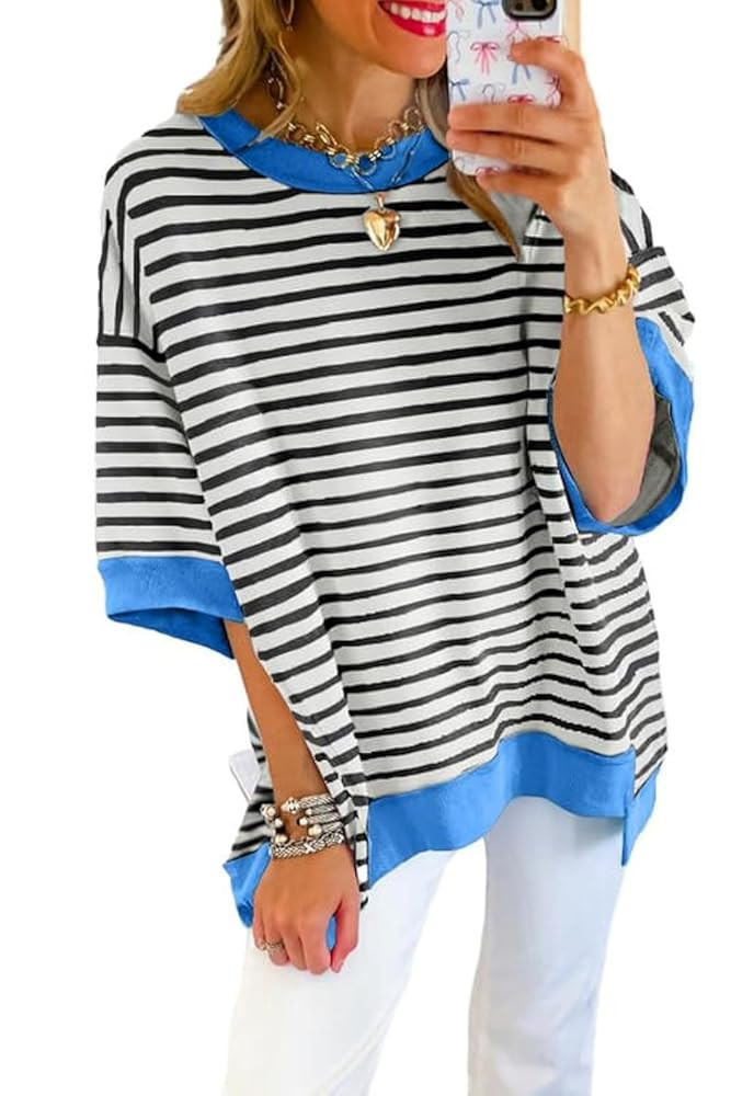 SHEWIN Womens Tops Casual Short Sleeve Sweatshirt Crewneck Striped Shirt Pullover T Shirts Loose ... | Amazon (US)