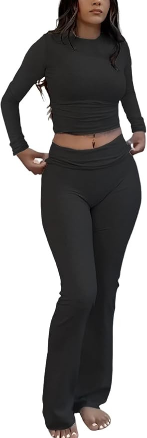 ZFLM Casual Workout Two Piece Outfits Long Sleeve High Waist Fold-Over Flared Leggings Pants Trac... | Amazon (US)
