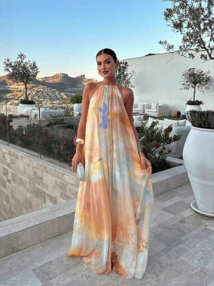 Vacation Outfits Women Summer Dresses For Women Halter Sleeveless Long Dress Watercolor Print Hal... | SHEIN