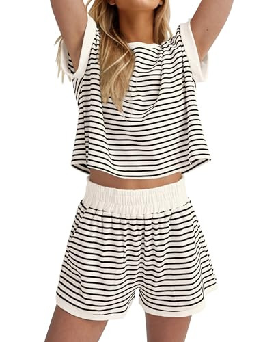 MISSACTIVER 2 Piece Lounge Set Women Stripe Knit Short Sleeve Tee Shirts Shorts Casual Summer Lou... | Amazon (US)