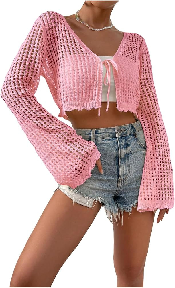 SHENHE Women's Tie Front Tops Bell Long Sleeve Knit Crochet Cardigan Crop Top | Amazon (US)