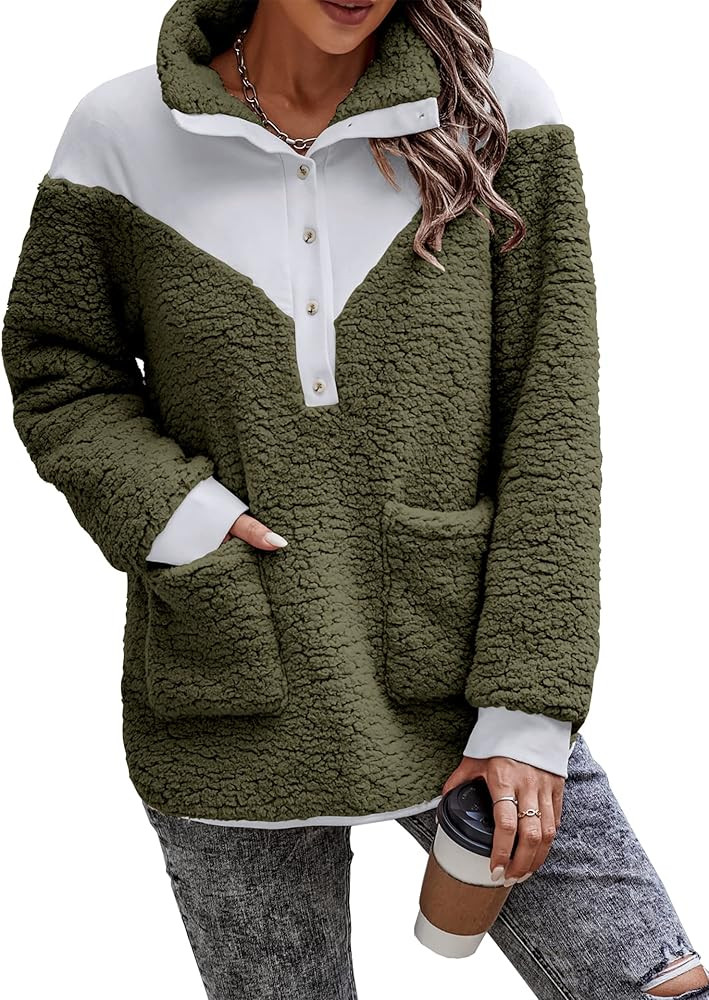 KIRUNDO Women’s 2022 Winter Oversized Sherpa Pullover Button Collar Color Block Fuzzy Fleece Sweatsh | Amazon (US)