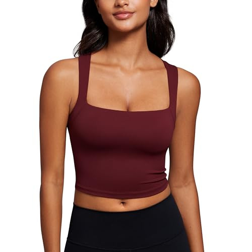 CRZ YOGA Butterluxe Womens Longline Square Neck Sports Bras - Basic Crop Tank Yoga Workout Tops with Built in Pads Red Merlot Small | Amazon (US)