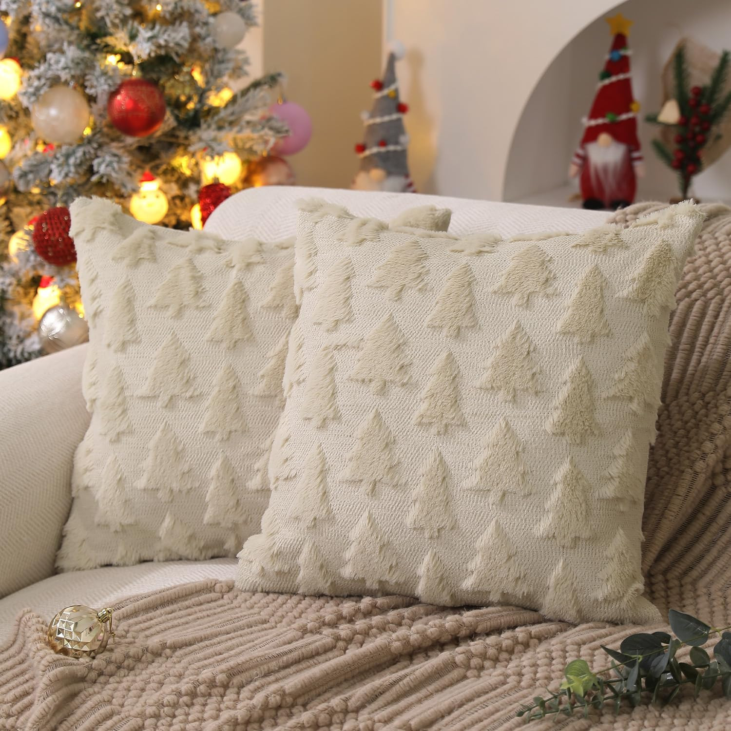 DFXSZ Christmas Tree Pillow Covers 18x18 inch Set of 2 Christmas Decoration Beige Soft Plush Faux... | Amazon (US)