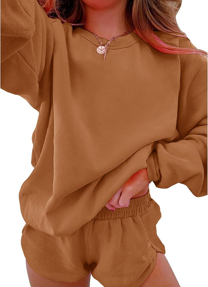 SELINK Women 2 Piece Outfits Sweatsuit Casual Long Sleeve Pullover and Shorts Sets Travel Tracksu... | Amazon (US)