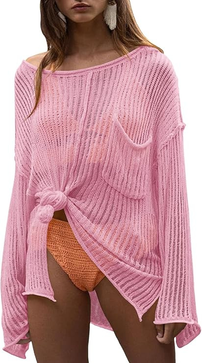 Saodimallsu Womens Sheer Swimsuit Coverup Top Bell Long Sleeve Mesh Ribbed Boat Neck Side Slit Be... | Amazon (US)