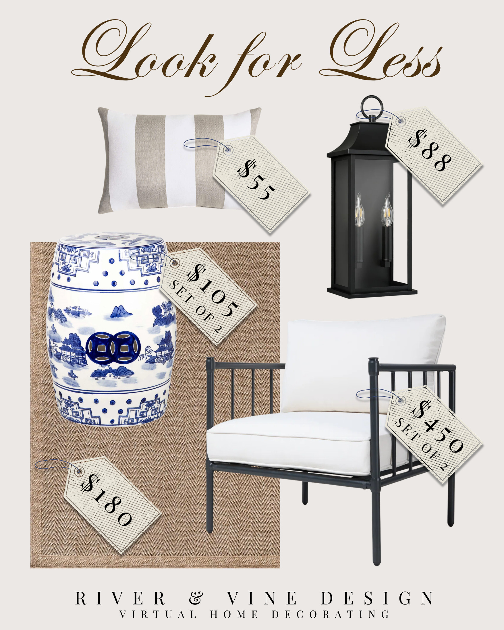 A classic patio look for less with the same easy mix of texture, contrast, and blue-and-white detail. The black chair frame, natural rug, garden stool, striped pillow, and lantern all work together for a finished outdoor space without the designer price tag.

I may receive a commission from purchases made through these links. 

 #LTKHome