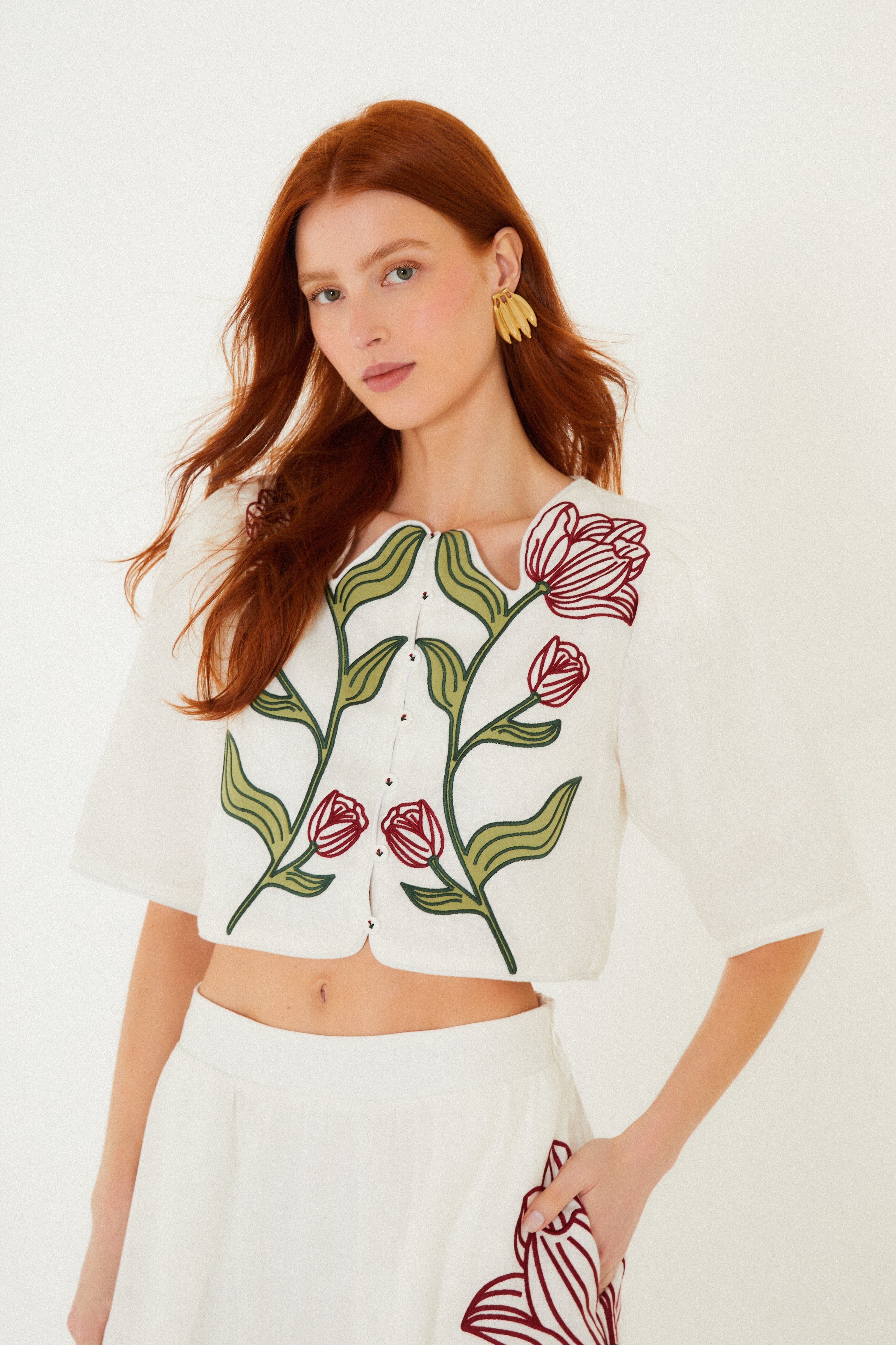 Off-White Flower Embroidered Euroflax Premium Linen Crop Top | FARM Rio | FarmRio (US)
