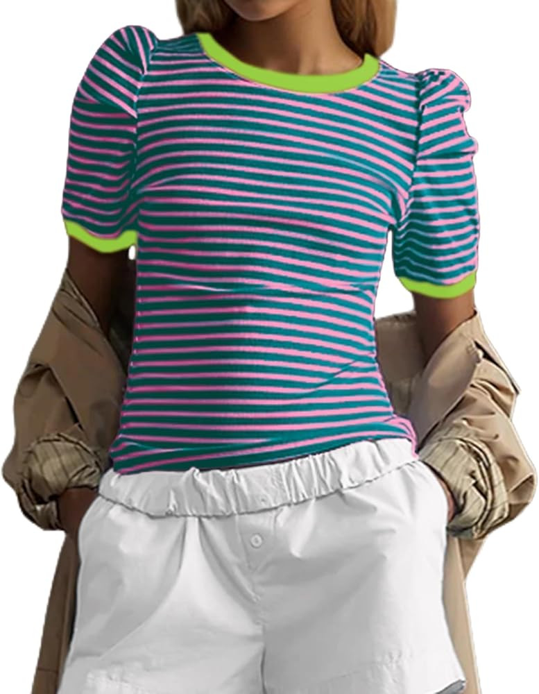 MISSACTIVER Women Striped Color Block T-Shirts Crew Neck Short Puff Sleeve Slim Fit Pullover Shir... | Amazon (US)