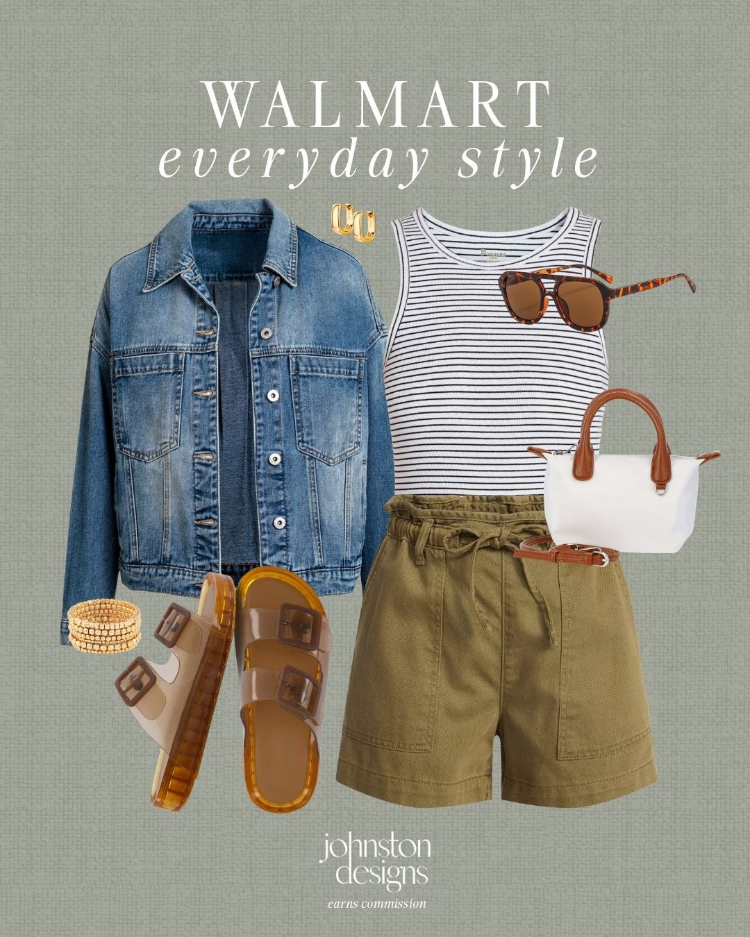 Walmart everyday style finds for an easy casual outfit you can wear on repeat. 🤎

Walmart style, everyday outfit, casual style, denim jacket, striped tank, utility shorts, slide sandals, mini bag, sunglasses, gold earrings, bracelet stack, spring outfit, summer look, affordable fashion, closet staples 

 #LTKootd