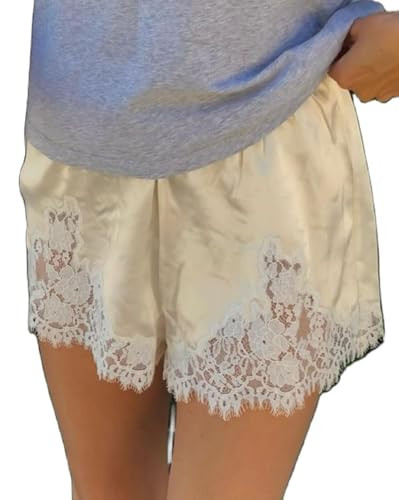 Women Satin Shorts Lace Trim Patchwork Y2K Elastic Waist Micro Coquette Silky Lounge Slip Bottoms Beige S | Amazon (US)