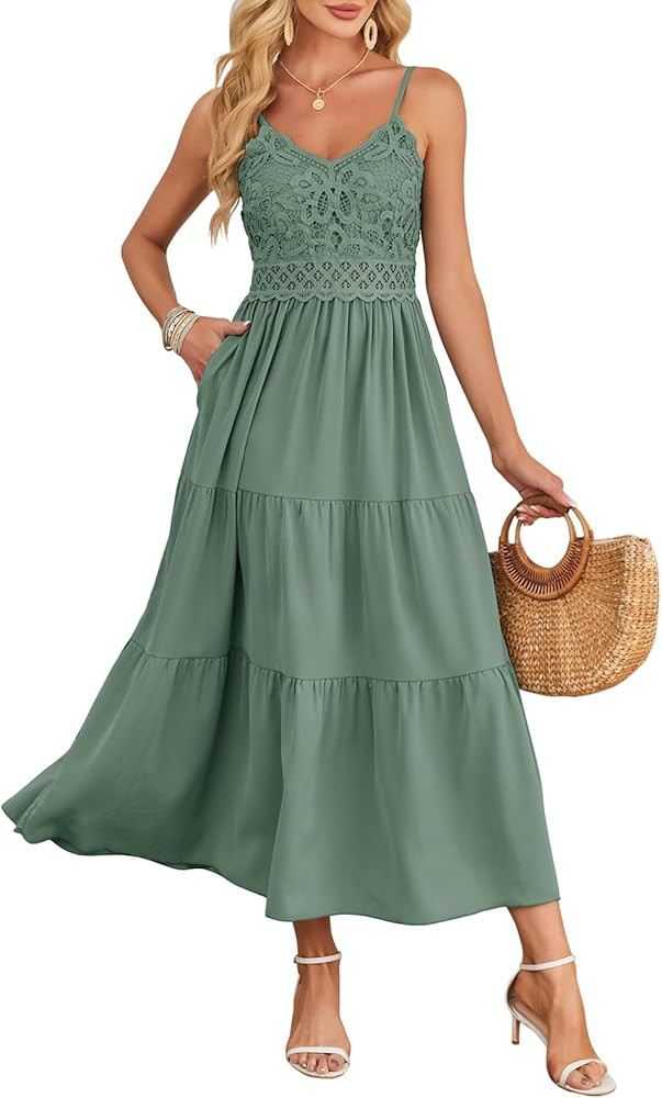 Dokuritu Women's Beach Crochet Lace Maxi Dress Solid Color Summer Vacation Spaghetti Strap Long D... | Amazon (US)