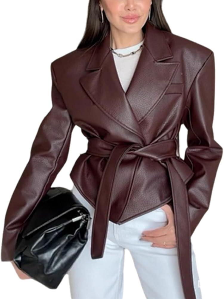 Leather Jacket Women Vintage Style Motorcycle Bomber Blazers Long Sleeve Waist Belt Faux Leather ... | Amazon (US)