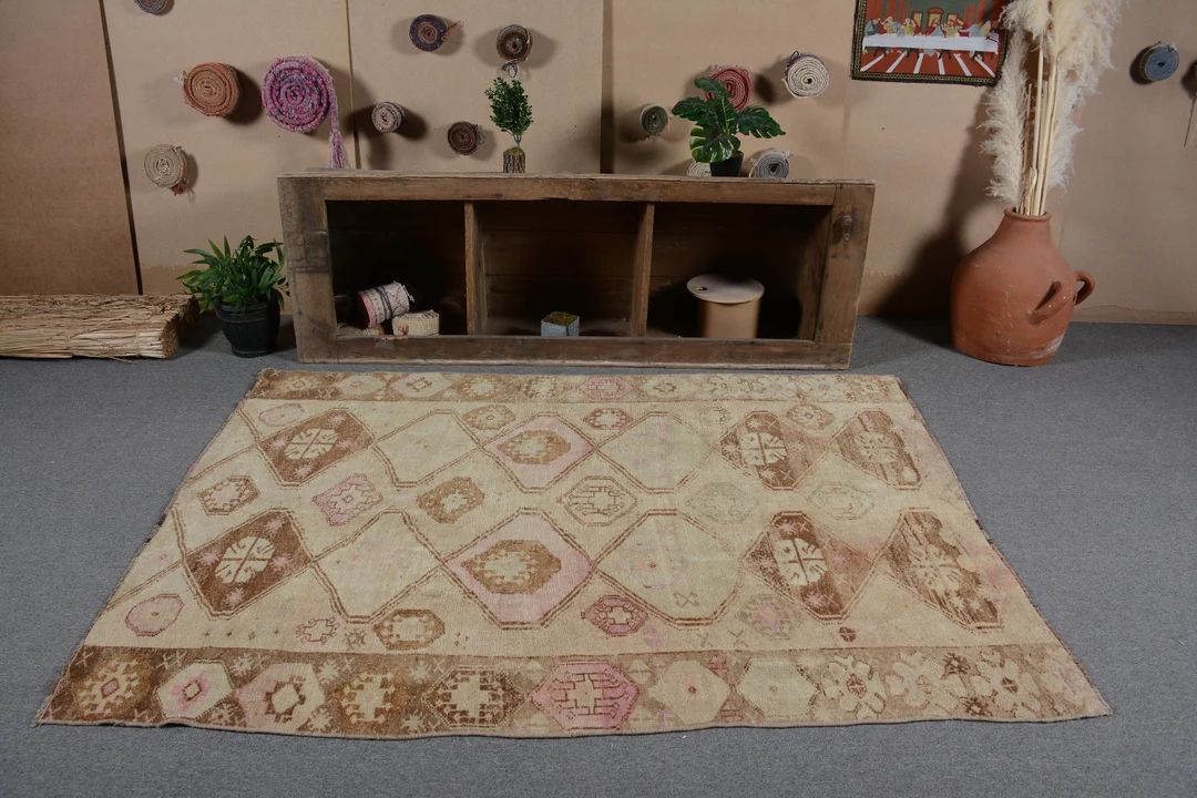Vintage Rug Area Turkish Anatolian Rugs for Dining Room 4.9x6.7 Ft Beige Wool Bright Hand Woven T... | Etsy (US)