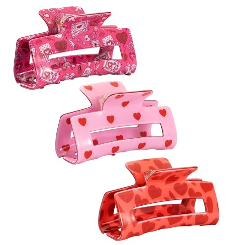 Valentine's Day Heart Hair Claw Clips for Women, Pink,Hot Pink, Rosy Candy Rectangle Claw Clips Cute Non-slip 3 Inch Medium Size Hair Claw Clips for Thin/Thick Hair, Acrylic Hair Clips 3Pcs | Amazon (US)