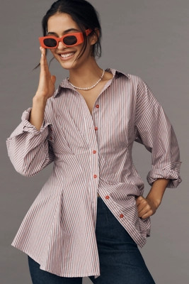 Maeve Long-Sleeve Waisted Buttondown Shirt | Anthropologie (US)