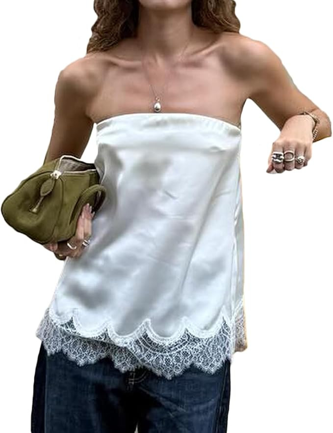 Women Y2K Lace Trim Satin Strapless Top Sleeveless Backless Loose Babydoll Tube Top Sexy Going Ou... | Amazon (US)