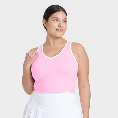 Women's Everyday Soft Light Support Contrast V Neck Cropped Sports Bra - All In Motion™ Pink L: Moisture Wicking, Quick Drying, UPF 50+ | Target