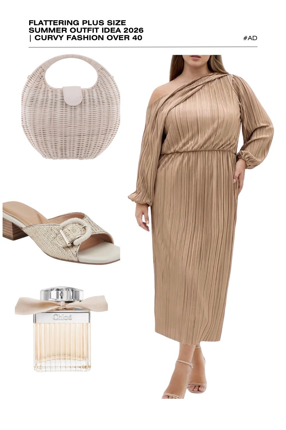 Elevate your evening wardrobe with this stunning champagne gold plus size outfit idea for 2026! This flattering one-shoulder plissé maxi dress is a premier curvy fashion choice for over 40, featuring elegant pleated texture and long cuffed sleeves that offer a sophisticated, high-end look.
We’ve curated this monochromatic ensemble with a white wicker crescent bag and chic metallic buckle slide heels to keep the look breezy yet formal. To finish the "Quiet Luxury" vibe, we’ve paired it with the timeless floral scent of Chloé Eau de Parfum. Whether you are looking for a plus size wedding guest dress, a summer gala look, or elegant resort wear, this champagne ensemble is a 2026 essential. #PlusSizeFashion #QuietLuxury #SummerWeddingGuest #CurvyStyle2026 #ChloePerfume #PlisseDress