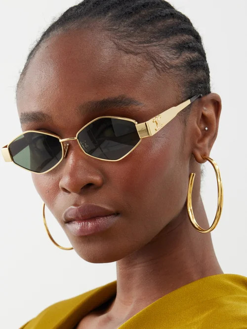 Celine Eyewear - Hexagonal Metal Sunglasses - Womens - Green Gold | Matches (US)