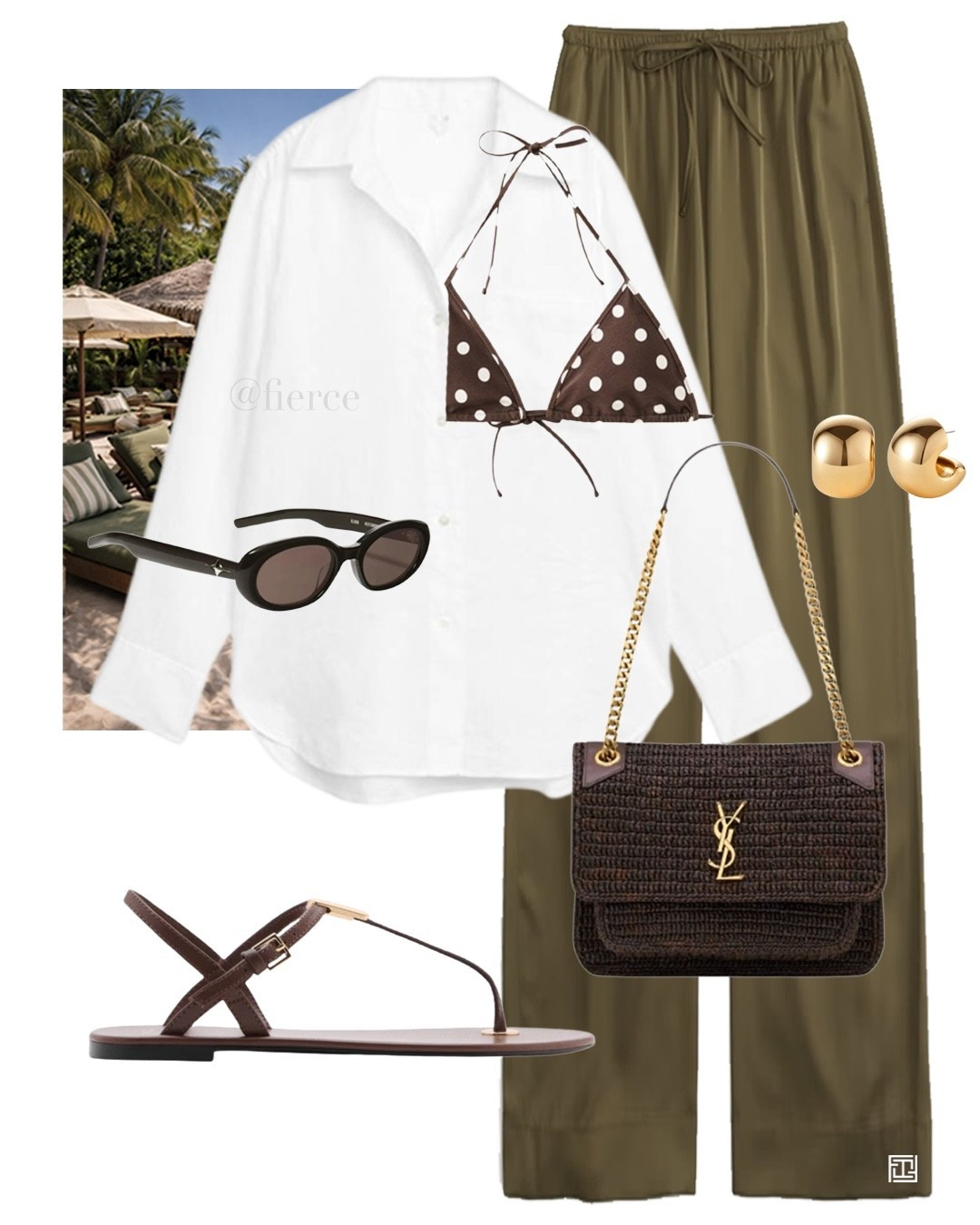 Green satin trousers white linen shirt chocolate brown raffia bag chocolate thong sandals polka dot bikini resort wear 

#LTKuk #LTKeurope #LTKtravel