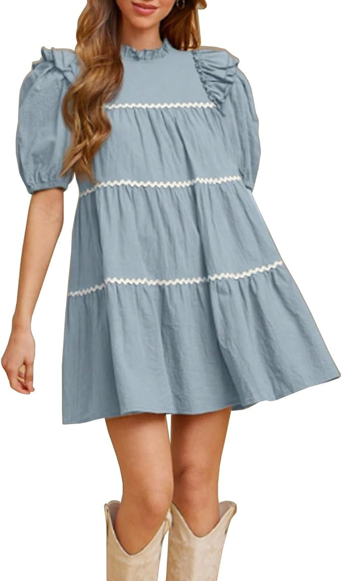 Women's Summer Petite Short Dress Babydoll Skirts Ruffle Sleeve Dress with Mini Round Neck Loose ... | Amazon (US)