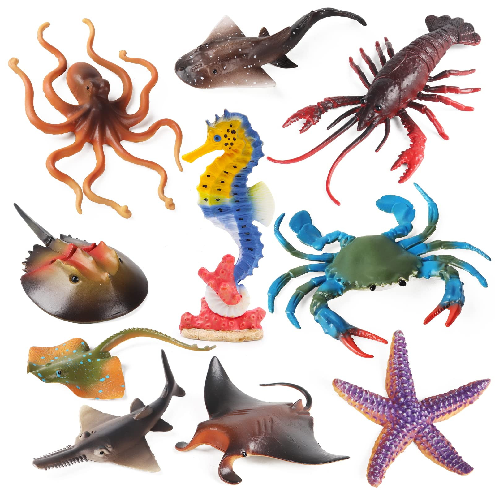Ocean Sea Animals Toys Figures, 10Pcs Large Plastic Ocean Creature Figurines Seahorse Starfish Cr... | Amazon (US)
